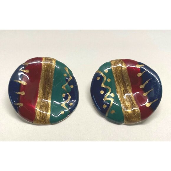 Retro 80s Earrings Vintage Swirl Paint Style Abstract Round Earth Tones - Picture 6 of 7